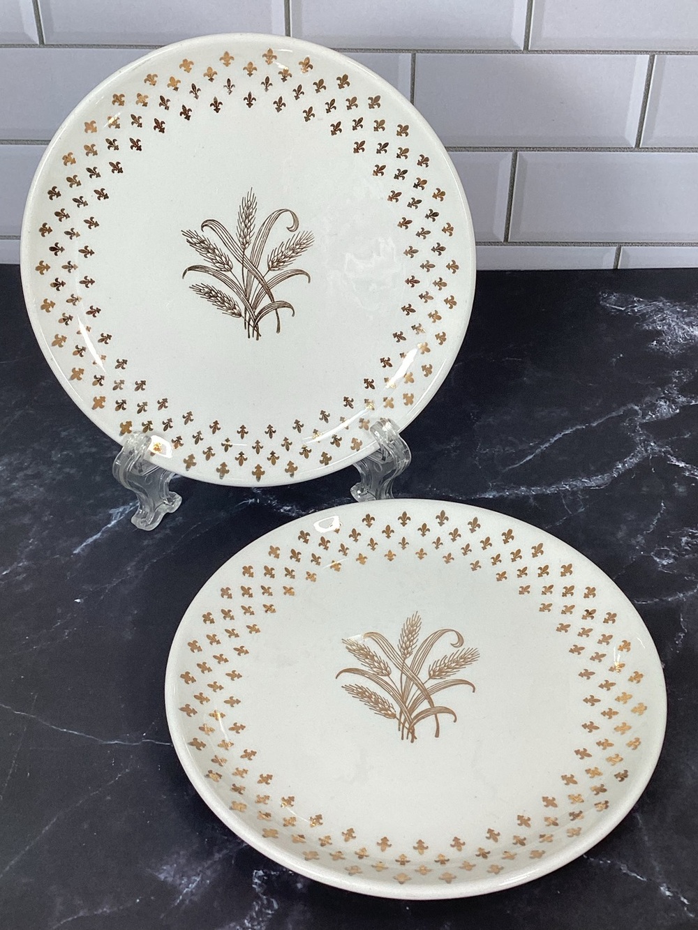 Pair SCIO China Golden Wheat Vintage Gold Fleur de Lis - 6" BREAD PLATE